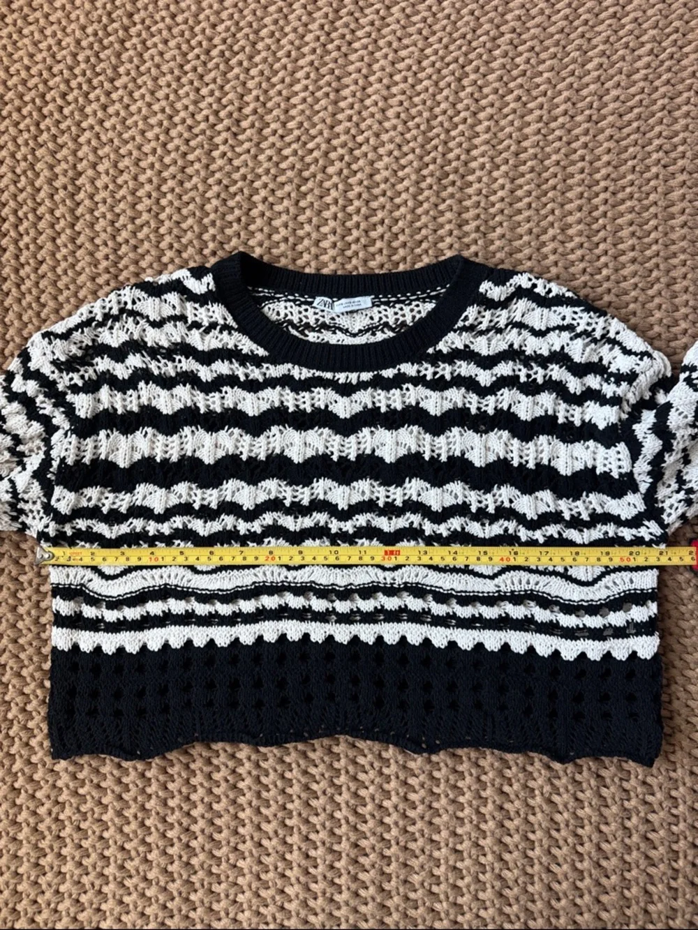 ZARA Black & White Open-Knit Striped Crochet Crop Sweater Top Women’s Size Small